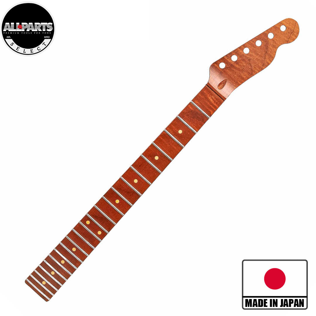 roasted flame maple tele neck front diagonal view with badges