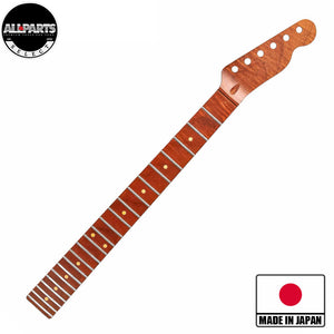 roasted flame maple tele neck front diagonal view with badges