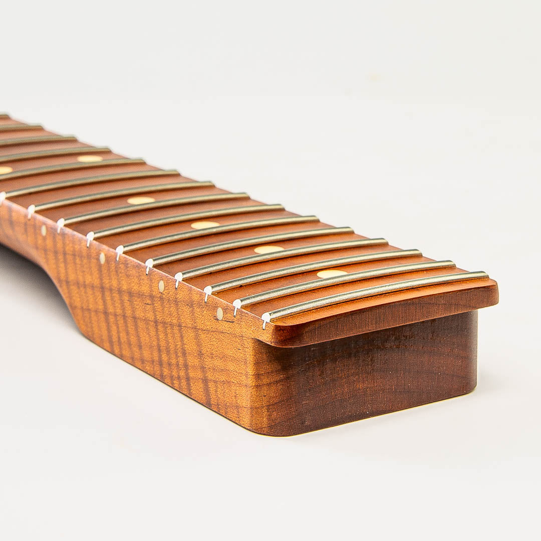 roasted flame maple tele neck angled heel view