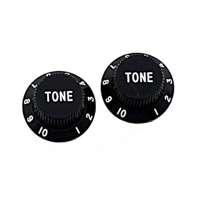 2 black knobs with the word tone