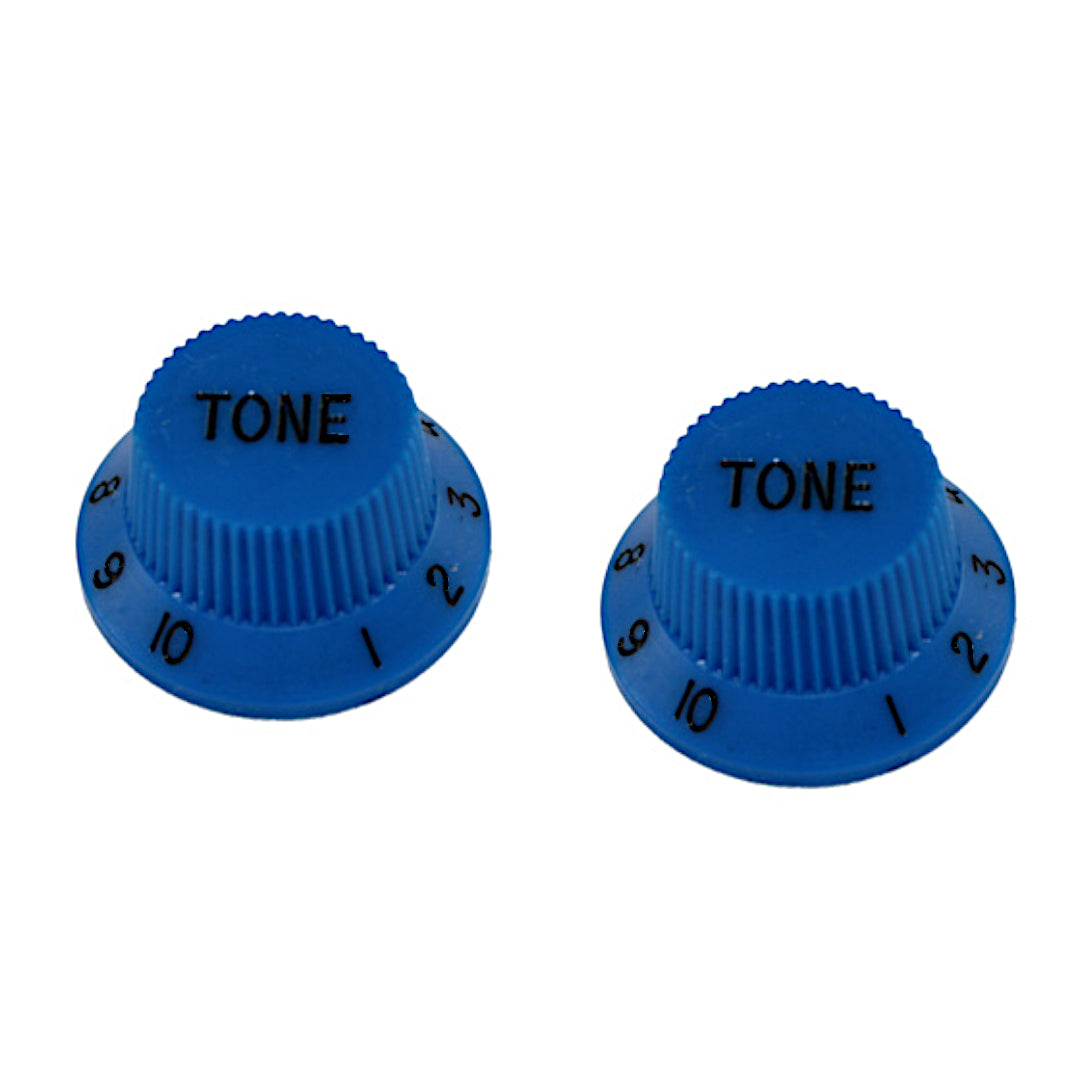 two blue strat knobs with the word "tone"