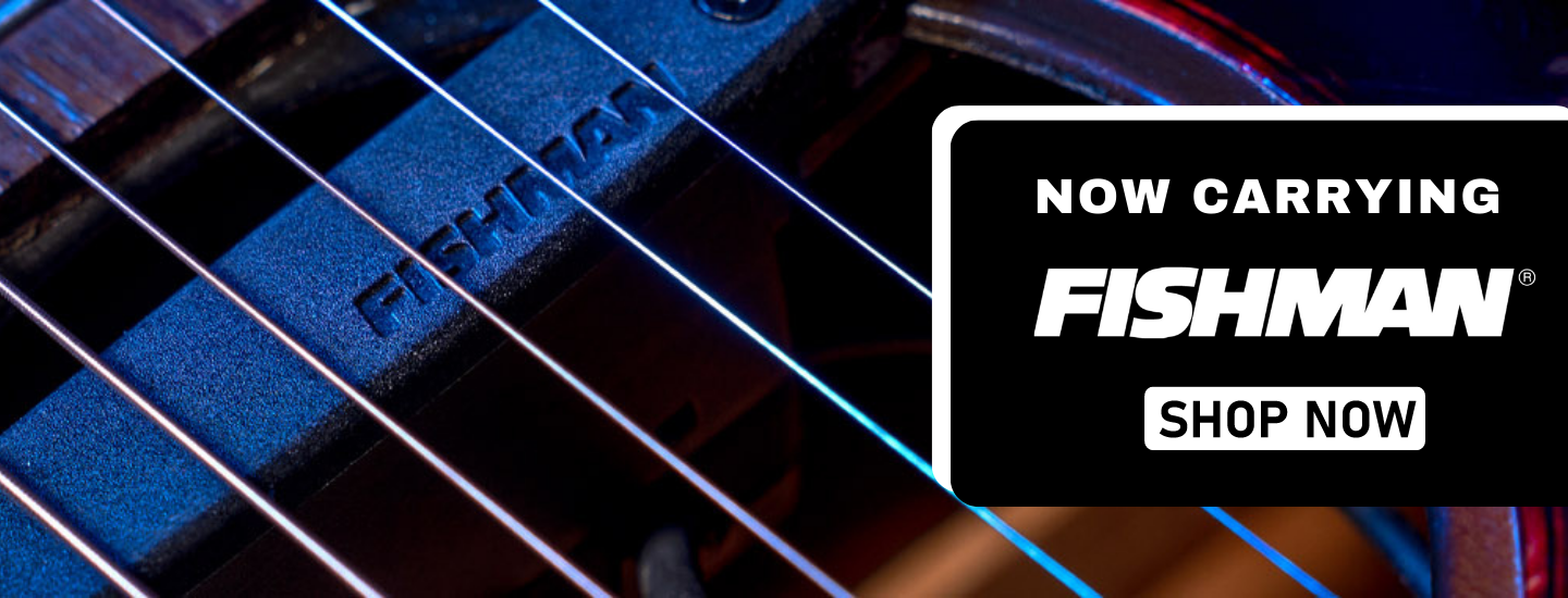 Close up of the Fishman brand label on a guitar with the words "Now carrying Fishman Shop Now" 