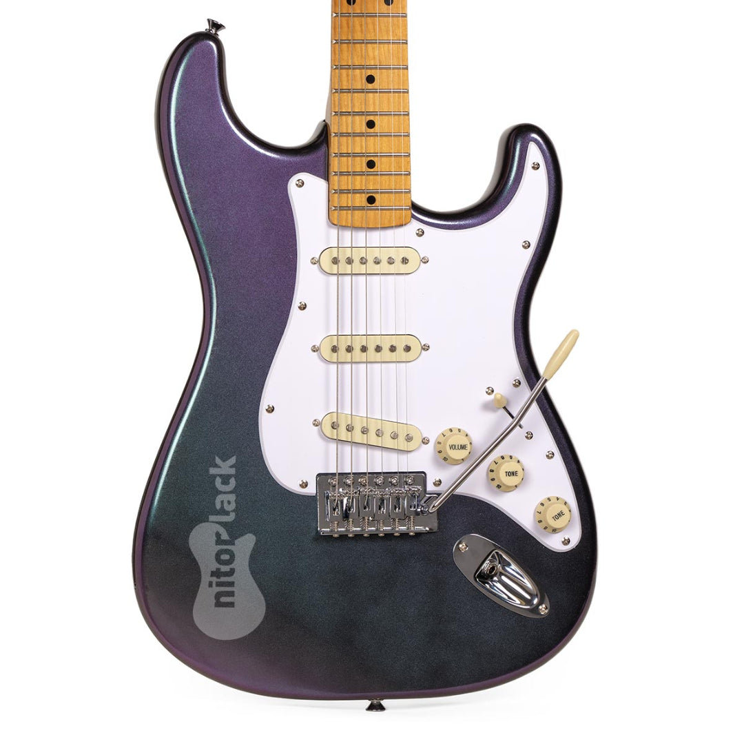 Electric guitar with a purple and black body on a white background