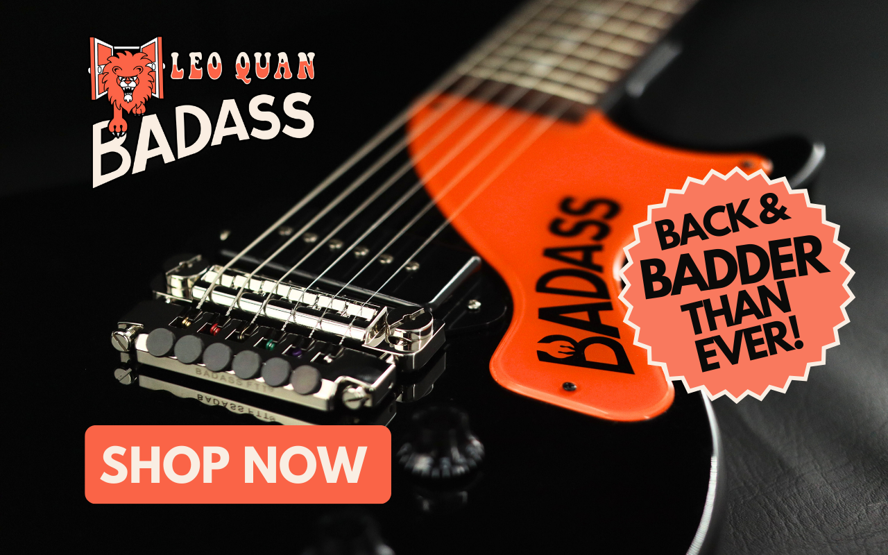 BadAss brand guitar and logo and "shop now"