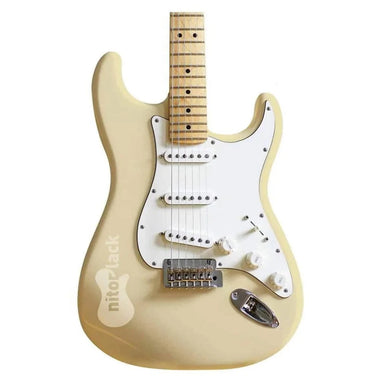 front photo of a Fender Strat guitar in Vintage White finish