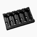 angled view of black 5-string bass bridge with grooved saddles