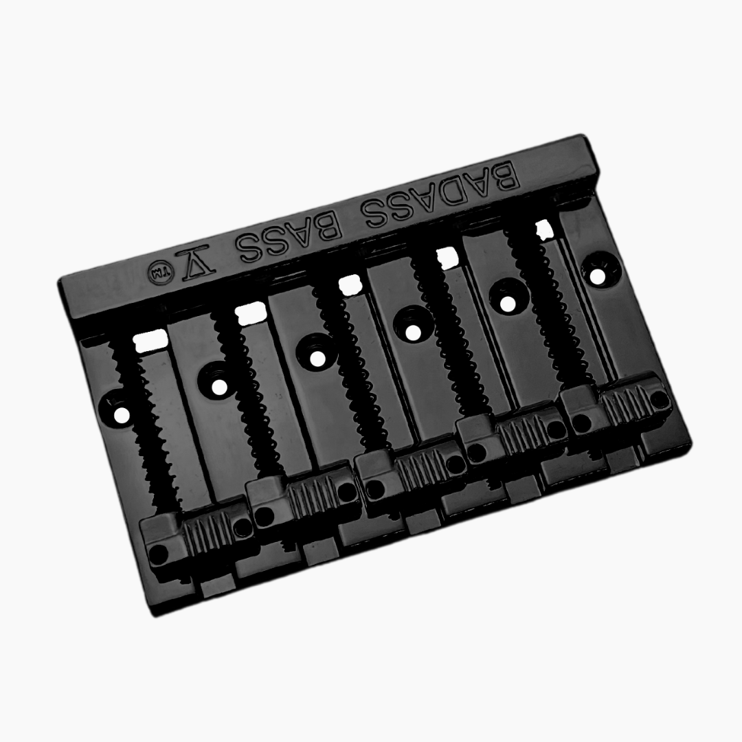 black faced down 5-string bass bridge with grooved saddles