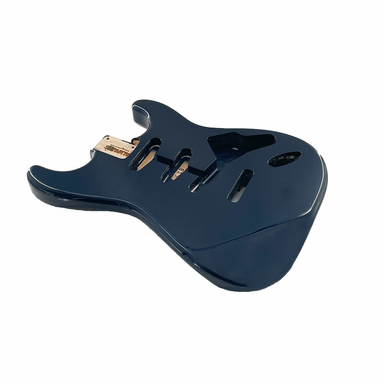 angled view of stratocaster deep blue metallic guitar 
