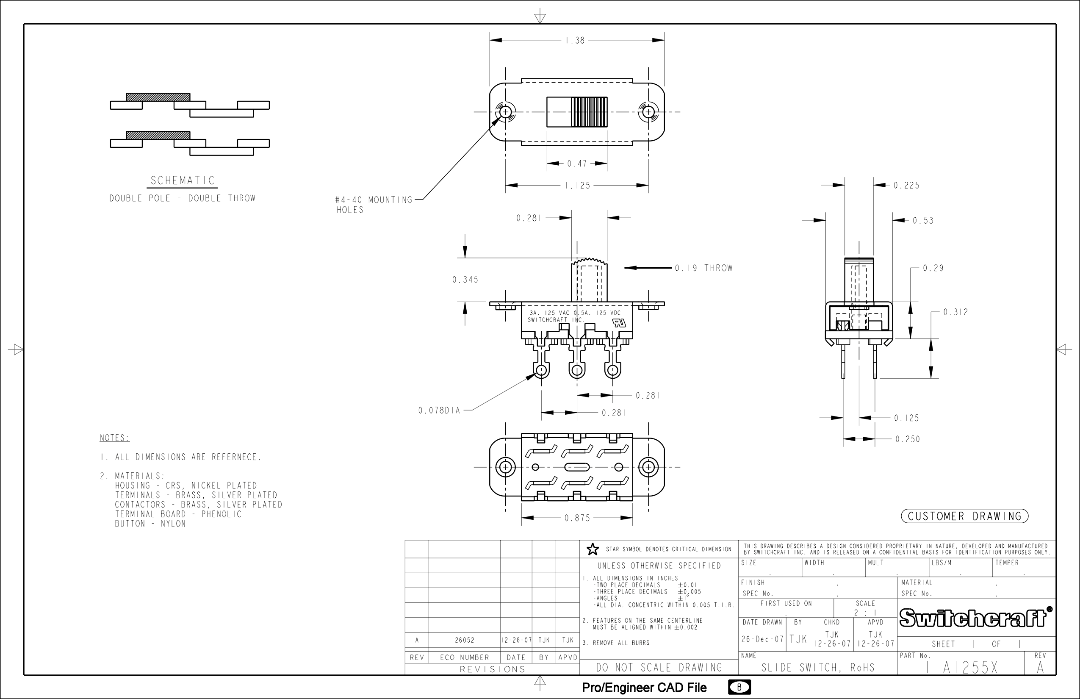 EP-0260 Switchcraft® On-On Slide Switch for Jazzmaster® and Jaguar®