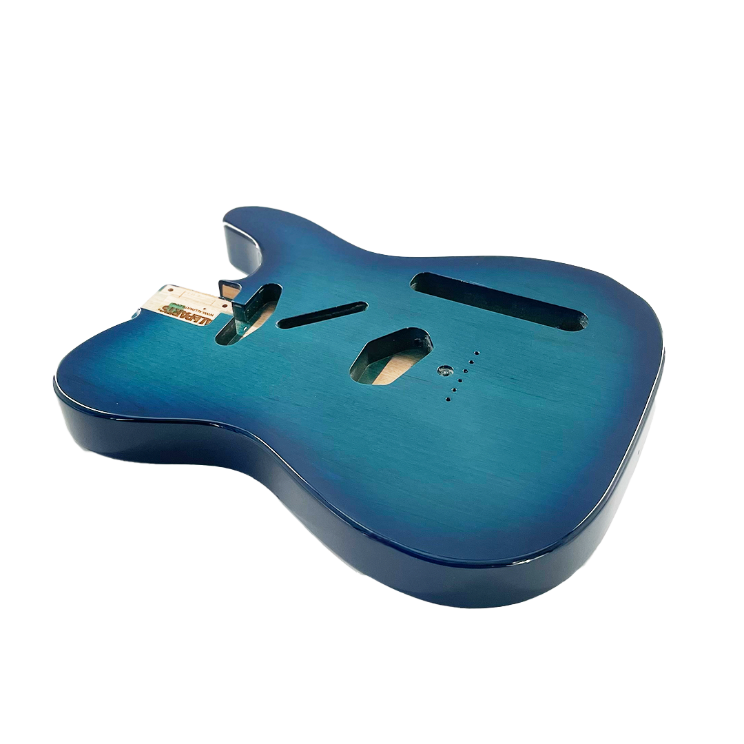 angled view of tellocaster ocean blue guitar 