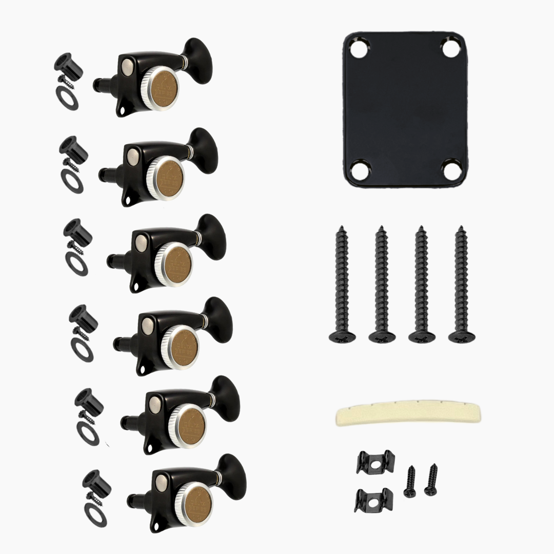 Telecaster Stratocaster Neck Hardware Kit with Locking Tuners Black Finish